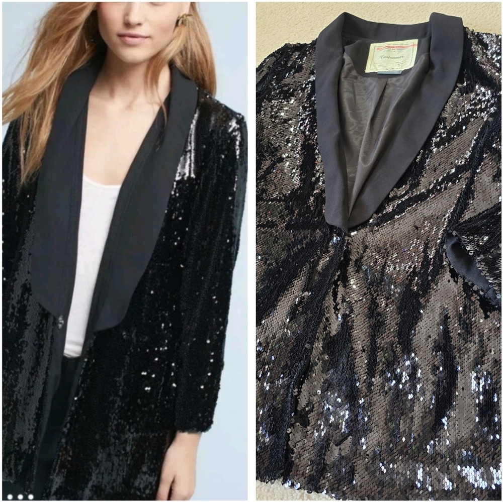 Anthropologie Cartonnier Black Sequin Cardigan Blazer Jacket Coat Size Small
